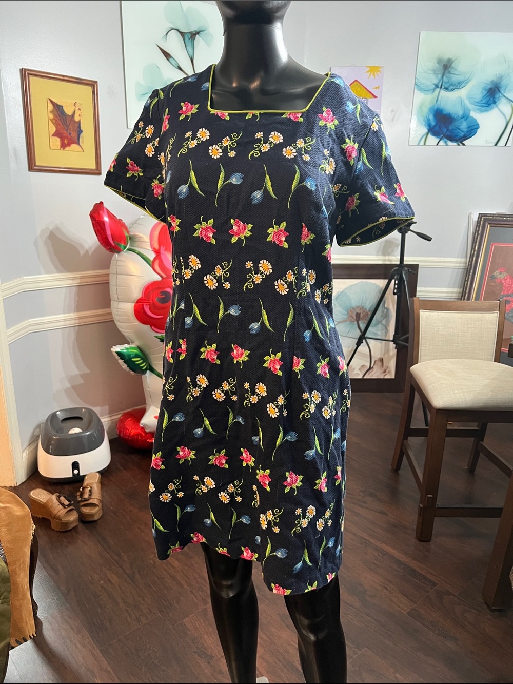 Byer California Navy Floral Shift Dress with Pink, Yellow & Blue Blooms